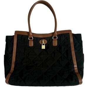Talbots Leather Trim Black Quilted Large Tote Bag Work Office Laptop Bag Purse
